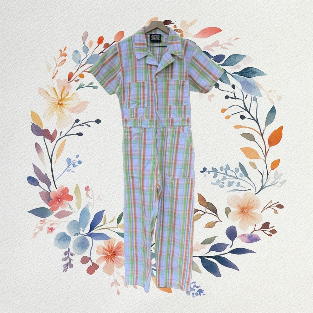 Big Bud Press Spring Rainbow Plaid Short Sleeve Jumpsuit Size XL